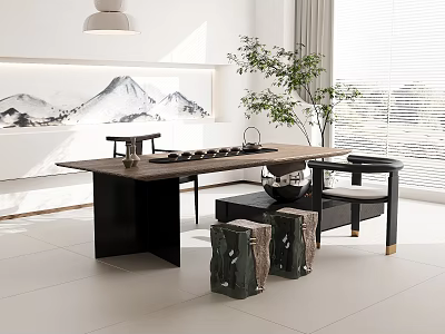 Modern Tea Table and Stools with Wooden Top Black Legs and Landscape Painting 3d model