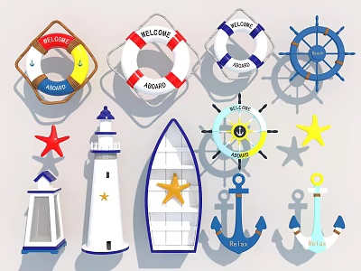 Nautical Themed Decorative Ornament Set With Lifebuoy Ship Wheel Starfish Lighthouse Sailboat And Anchor 3d model