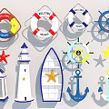 Nautical Themed Decorative Ornament Set With Lifebuoy Ship Wheel Starfish Lighthouse Sailboat And Anchor
