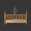 Children's Orange Wooden Baby Crib with Colorful Mobile and Patterned Mattress