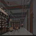 Industrial Style Restaurant Corridor With Shelves Clay Pots Chairs And Red Pipes Ceiling