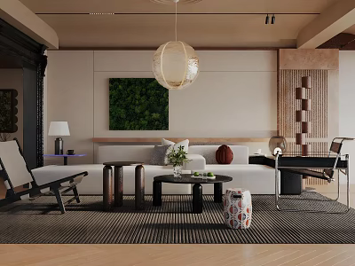 Modern Living Room Interior With Sofa Pendant Light Green Art Coffee Table And Rug 3d model