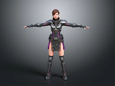 Female Character In Black And Purple Armor Standing With Arms Outstretched 3d model