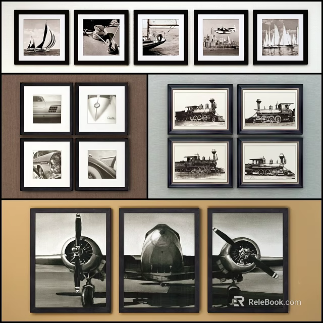 Black and White Framed Landscape Paintings With Ships Trains And Airplane Parts 3d model 