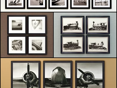 Black and White Framed Landscape Paintings With Ships Trains And Airplane Parts 3d model