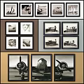 Black and White Framed Landscape Paintings With Ships Trains And Airplane Parts