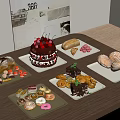 Assorted Desserts Display With Cake Pastries Donuts And Macarons On Table