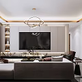 Modern Dining and Living Room Interior With Sofa Dining Table Wine Cabinet Artwork and Pendant Lights