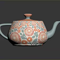 Colorful Ceramic Teapot with Blue Body Orange Lid and Floral Patterns Green Leaves Red Berries
