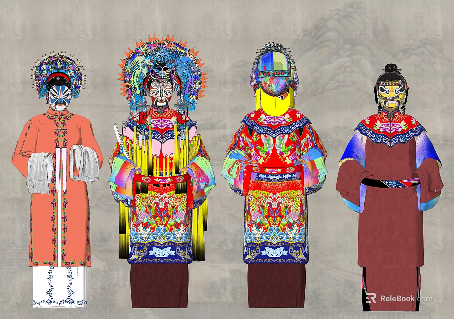 Traditional Chinese Opera Themed Game Film Characters With Colorful Costumes And Intricate Headpieces 3d model 
