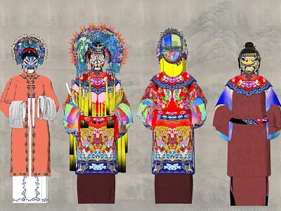Traditional Chinese Opera Themed Game Film Characters With Colorful Costumes And Intricate Headpieces 3d model