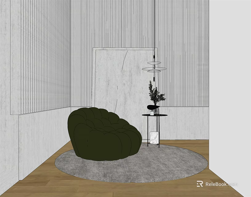 Dark Green Bean Bag Chair on Gray Rug with Small Table Plant and Striped Wall 3d model 