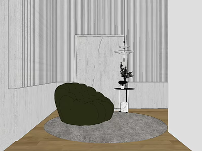 Dark Green Bean Bag Chair on Gray Rug with Small Table Plant and Striped Wall 3d model