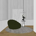Dark Green Bean Bag Chair on Gray Rug with Small Table Plant and Striped Wall