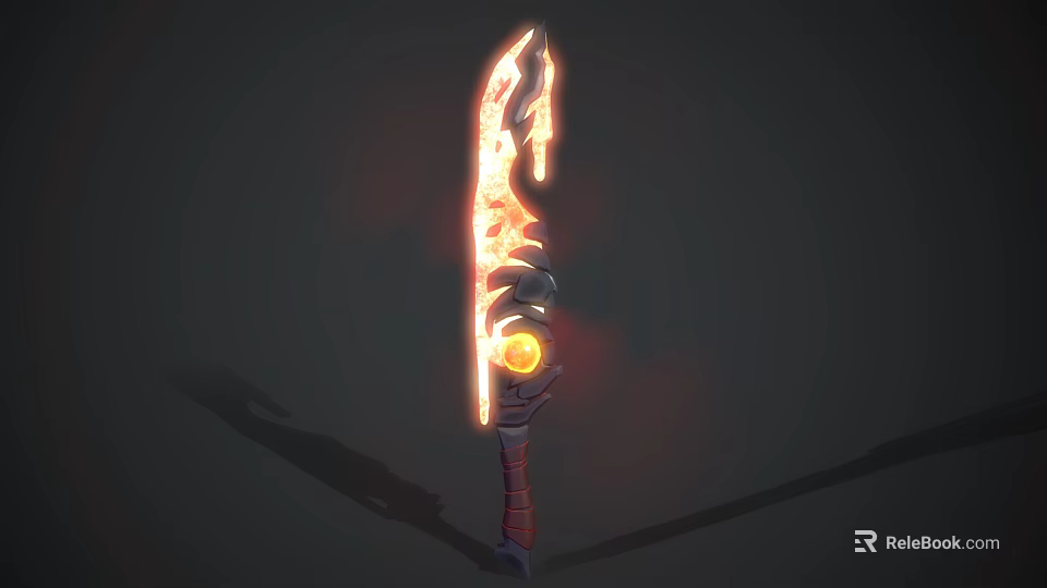 Flaming Sword With Glowing Flame Effects Red Hilt Decoration And Central Round Gem 3d model 