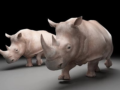 Two Realistic White Rhinoceros 3D Models Standing on Black Background 3d model