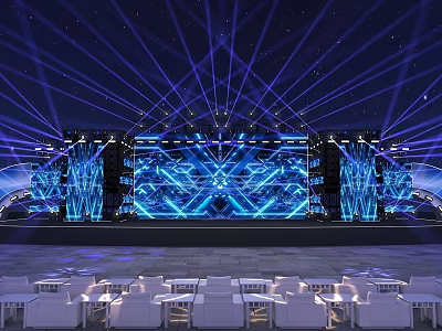 Large Stage With Blue Lighting Big LED Screen And White Seats For Live Event Setup 3d model