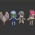 Cute Anime Style Cartoon Characters With Various Outfits And White Decorative Ornament