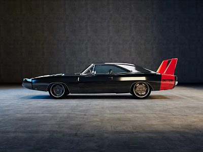 Classic Black Muscle Car Side Rear View with Red Spoiler and Vintage Styling 3d model