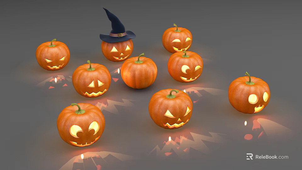 Halloween Jack O Lanterns With Carved Faces And Wizard Hat Glowing Lights Shadow Patterns 3d model