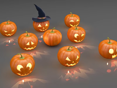 Halloween Jack O Lanterns With Carved Faces And Wizard Hat Glowing Lights Shadow Patterns 3d model