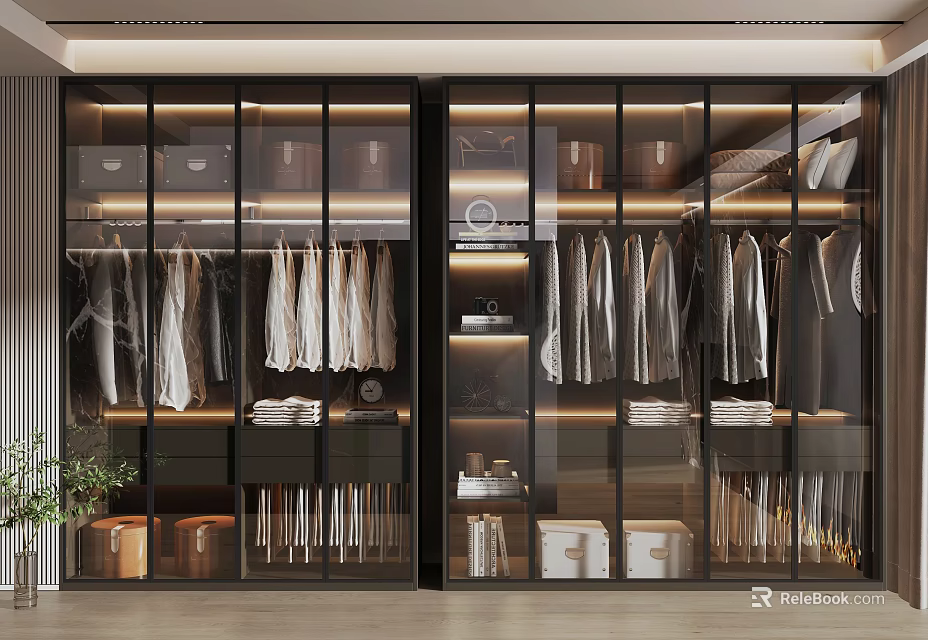 Modern Glass Door Wardrobe Interior With Hanging Clothes Storage Boxes And Shelves 3d model 