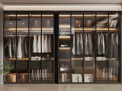 Modern Glass Door Wardrobe Interior With Hanging Clothes Storage Boxes And Shelves 3d model