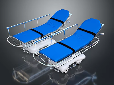 Two Blue Wheeled Nursing Beds With Metal Frame And Black Straps For Home Care 3d model