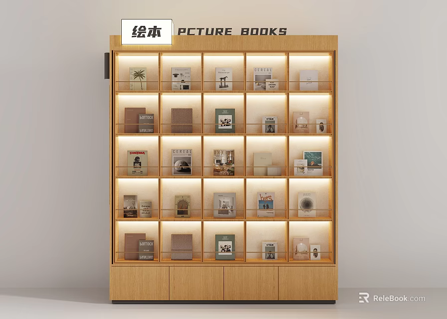 Picture Books Display on Wooden Shelf with Warm Lighting and Layered Design for Kids Reading 3d model 