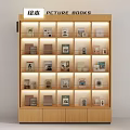 Picture Books Display on Wooden Shelf with Warm Lighting and Layered Design for Kids Reading