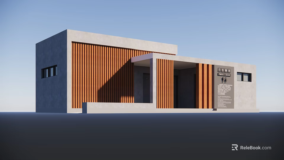 Modern Architectural Exterior Featuring Gray Walls Wooden Slat Panels And Entrance Signage 3d model 