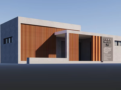 Modern Architectural Exterior Featuring Gray Walls Wooden Slat Panels And Entrance Signage 3d model