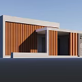 Modern Architectural Exterior Featuring Gray Walls Wooden Slat Panels And Entrance Signage