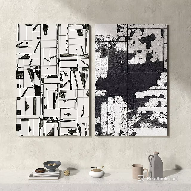 Black And White Abstract Paintings With Geometric Patterns And Splatter Effects For Wall Decor 3d model