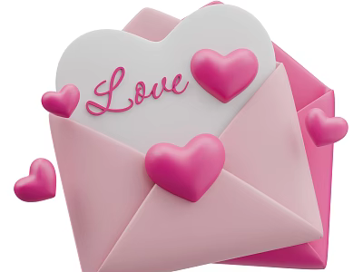 Pink Envelope With White Heart Shaped Card Love And Decorative Pink Hearts 3d model