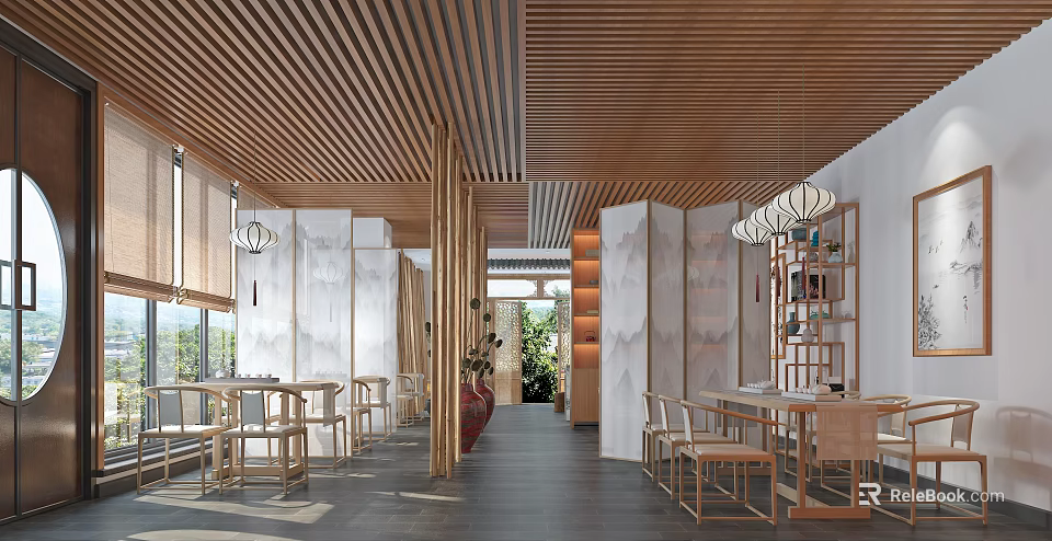 Modern Teahouse Interior With Wooden Ceiling Partitions Lantern Lights Tables Chairs Green Plants And View 3d model 
