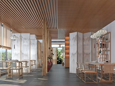 Modern Teahouse Interior With Wooden Ceiling Partitions Lantern Lights Tables Chairs Green Plants And View 3d model