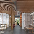 Modern Teahouse Interior With Wooden Ceiling Partitions Lantern Lights Tables Chairs Green Plants And View