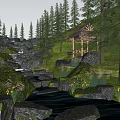 Natural Park Landscape Featuring Thatched Pavilion Pine Trees Waterfall Stream And Mossy Rocks