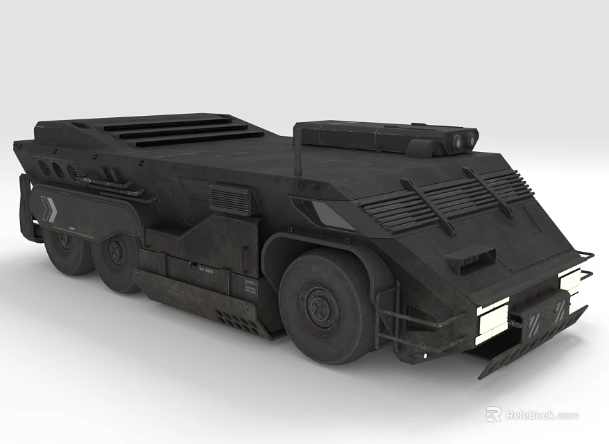 Black Heavy Duty Armored Vehicle With Multi Wheeled Design Roof Mounted Equipment And Grille Panels 3d model 