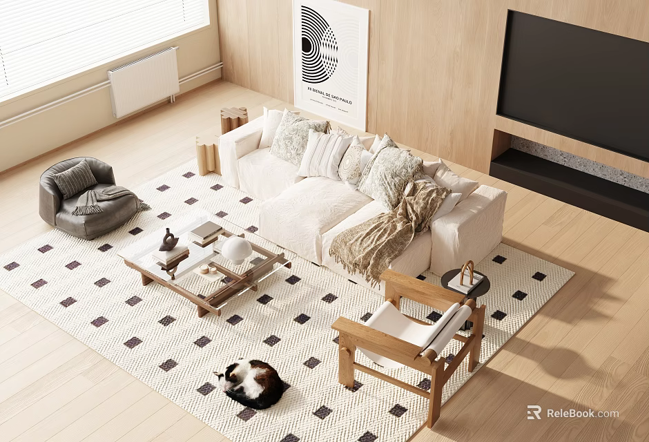 Modern Living Room With Light Sofa Wooden Coffee Table Pillows And Geometric Rug 3d model 