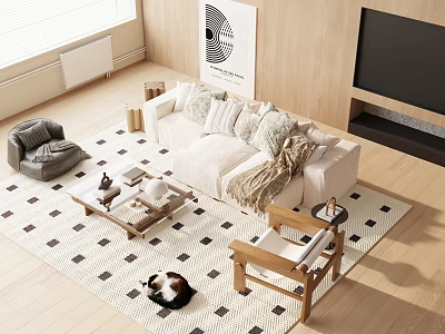 Modern Living Room With Light Sofa Wooden Coffee Table Pillows And Geometric Rug 3d model