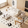 Modern Living Room With Light Sofa Wooden Coffee Table Pillows And Geometric Rug