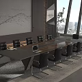 Modern Office Conference Table With Black Chairs Laptop And City View Through Large Windows