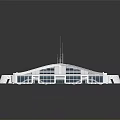 Cartoon Scene of Modern Building Model with Glass Windows Central Tower and Symmetrical White Structure