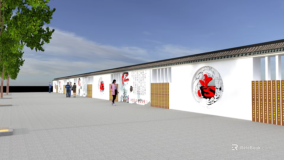 White Feature Wall With Red Circular Patterns Number 2 Chinese Characters And People Walking 3d model 
