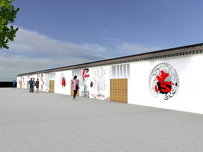 White Feature Wall With Red Circular Patterns Number 2 Chinese Characters And People Walking 3d model