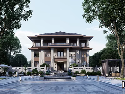 Two Story Chinese Style Detached Villa With Elegant Exterior Spacious Courtyard And Surrounding Trees 3d model