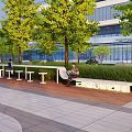 Outdoor Garden Ornamental Space With Benches Trees Lawn And Modern Building
