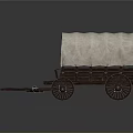 Old Fashioned Covered Wagon with Wooden Wheels and Canvas Cover on Dark Reflective Surface